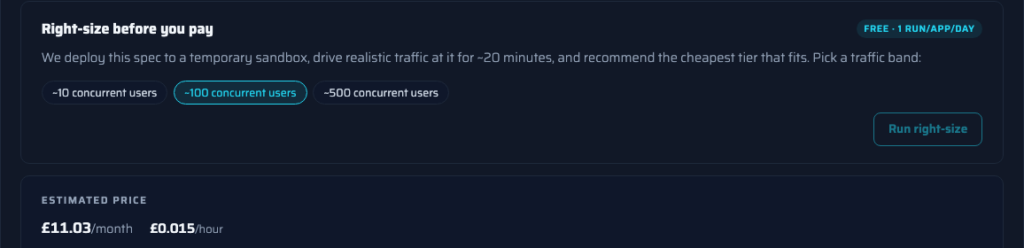The right-size panel in the node.uk deploy form: free load test, one run per app per day, with traffic bands of roughly 10, 100 and 500 concurrent users